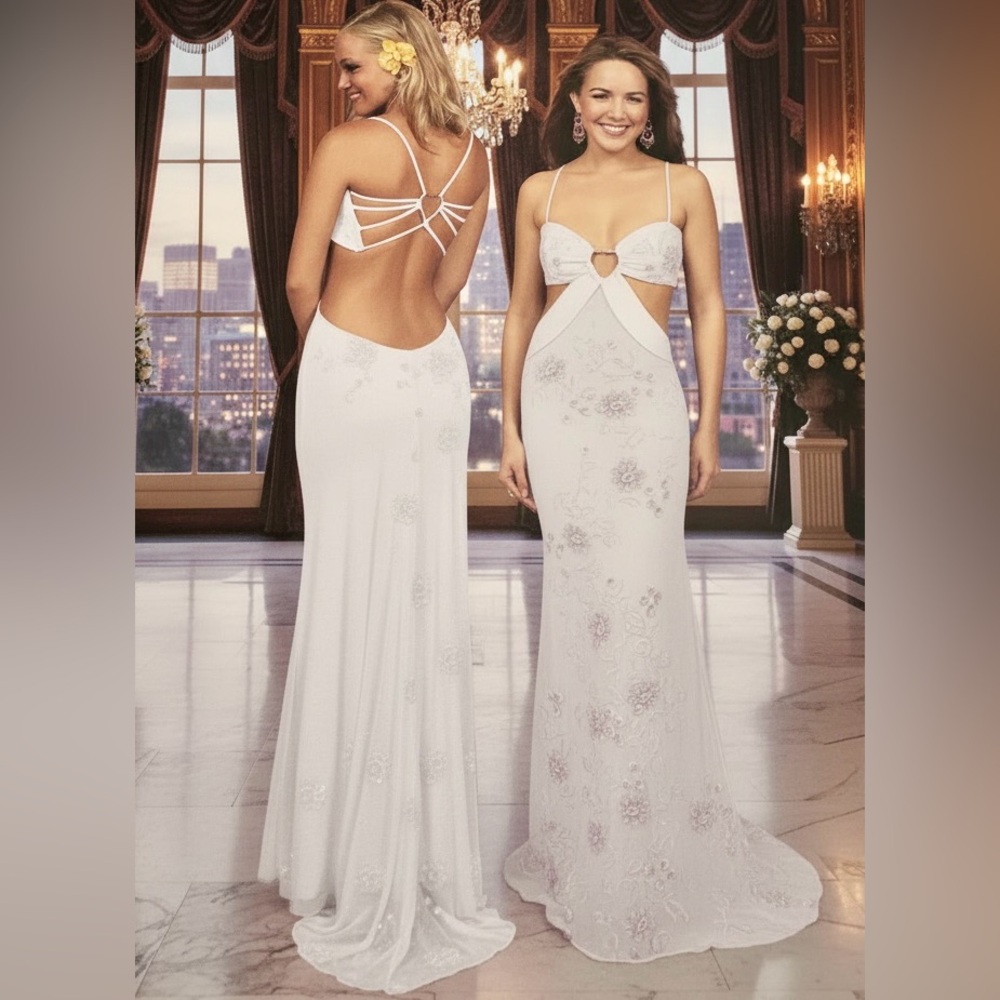 Elegant White hand beaded Evening‎ Gown